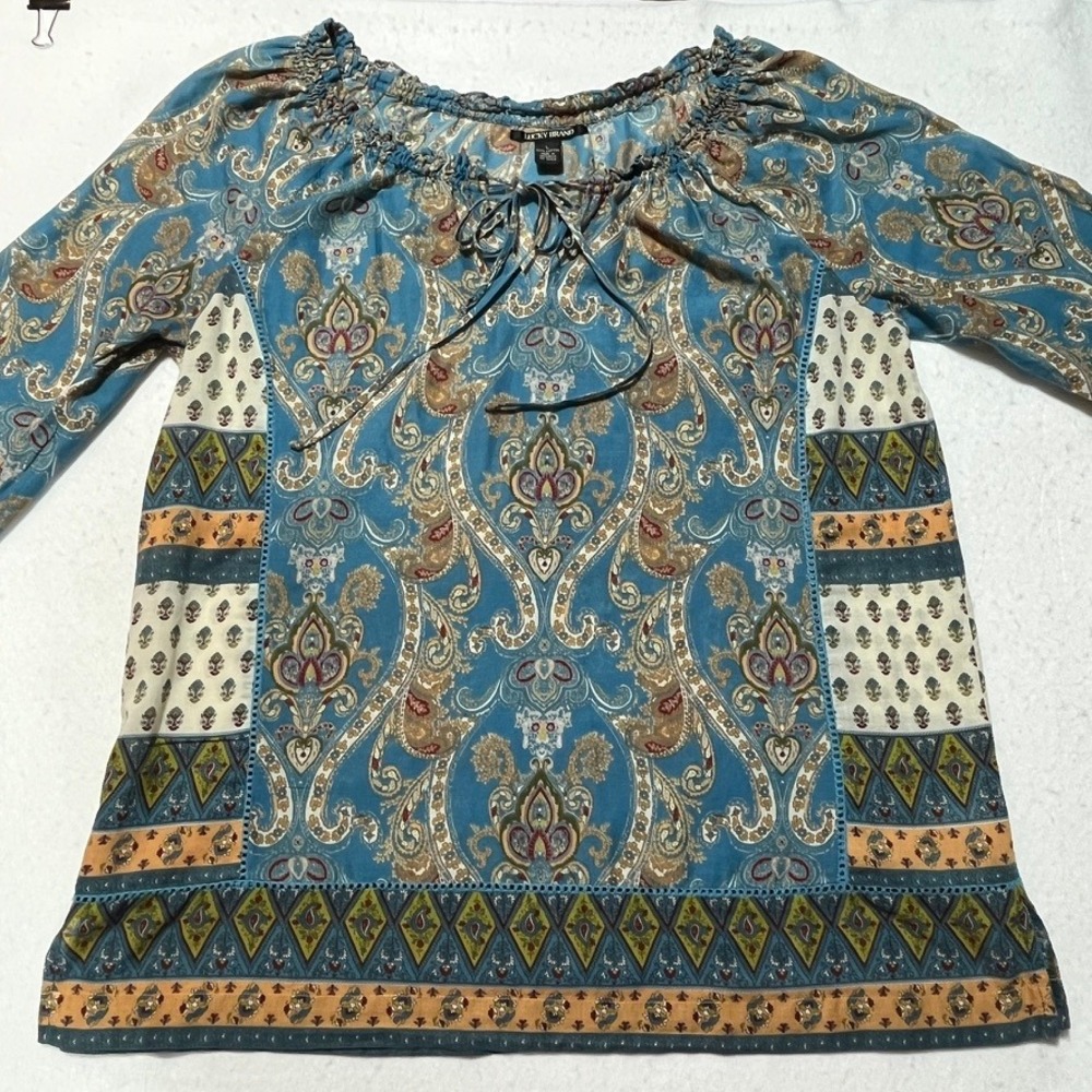 Lucky Brand Blue Paisley Patchwork 100% Cotton Peasant Blouse Top Sz L Boho - Picture 2 of 7